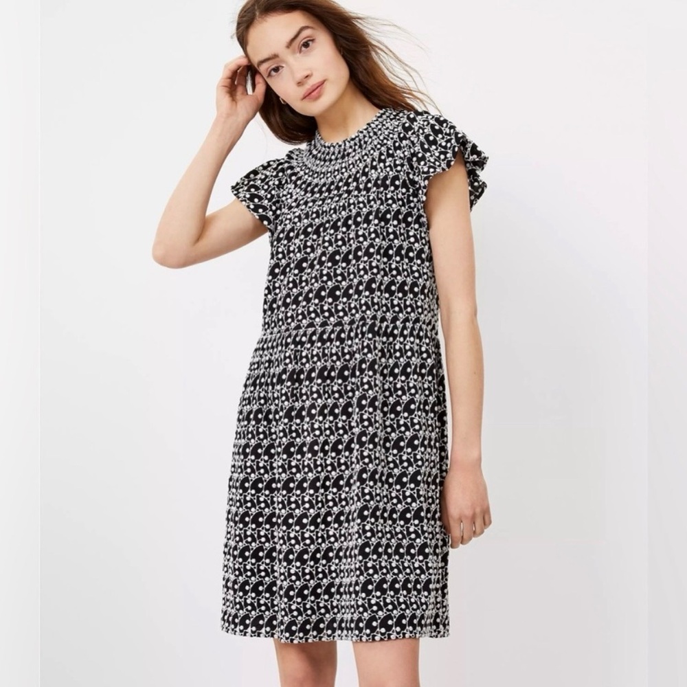 Loft XL Swing Dress Black White Eyelet Embroidered Flutter Short Sleeve Smocked